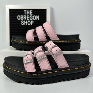 DOC BLAIRE LEATHER SLIDES SANDALS WOMENS SIZE 7 HORSESHOE BUCKLES 3 STRAP NEW